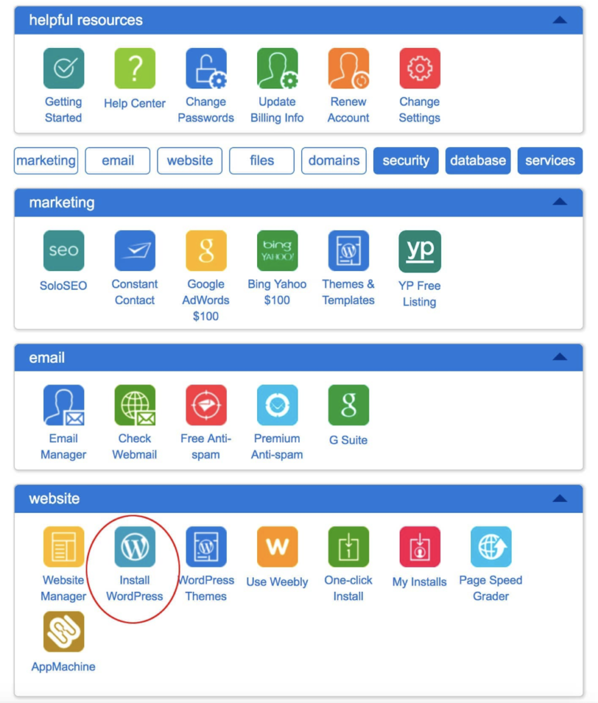 Bluehost vs GoDaddy - Bluehost's cPanel lets you install WordPress with 1 click.