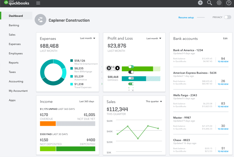 Freshbooks vs Quickbooks - A screenshot of the Quickbooks Dashboard.