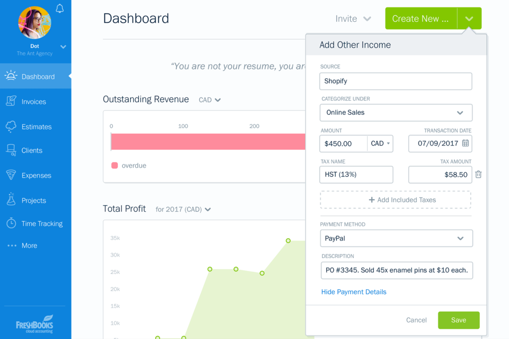 Freshbooks vs Quickbooks - An image of the Freshbooks dash.